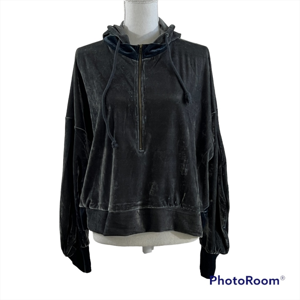 American Threads Gray Metallic Velvet Half Zip Hoodie Pullover Top Womens Size M